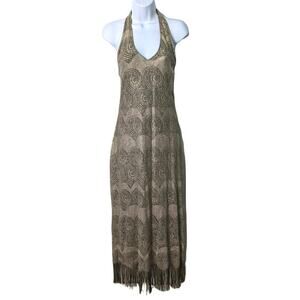 Vintage 90's Y2K Alexandra Lee Halter Maxi Dress Crochet Metallic Fringe Fitted
